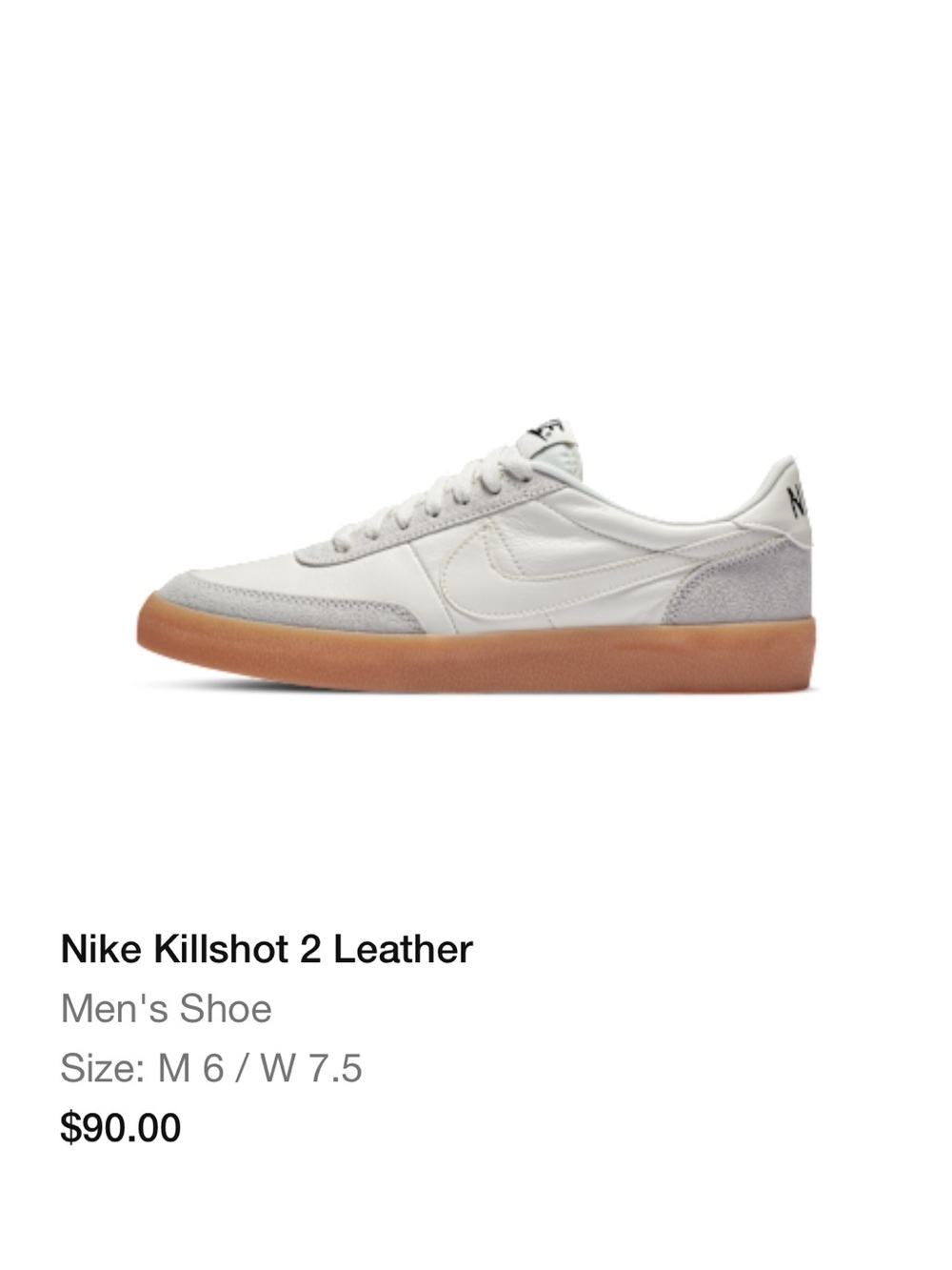 Nike Killshot 2 Leather Men's Sneakers - White/Gum Size 6 Men’s/Women’s 7.5